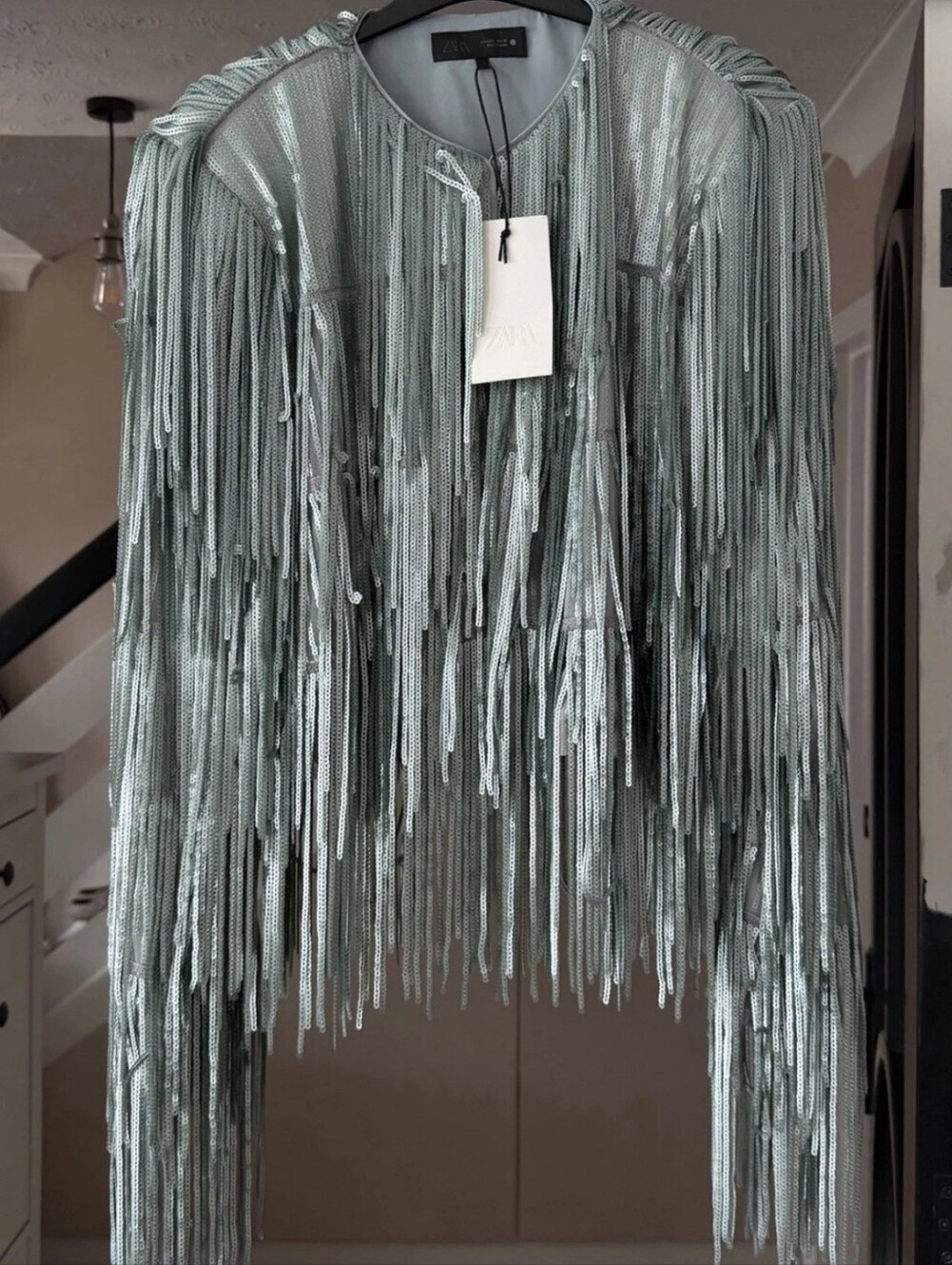 Sz S M ZARA 2026 ZW Collection Silver Grey Sequin Fringe Jacket 3210/040 Trendy - Picture 4 of 6